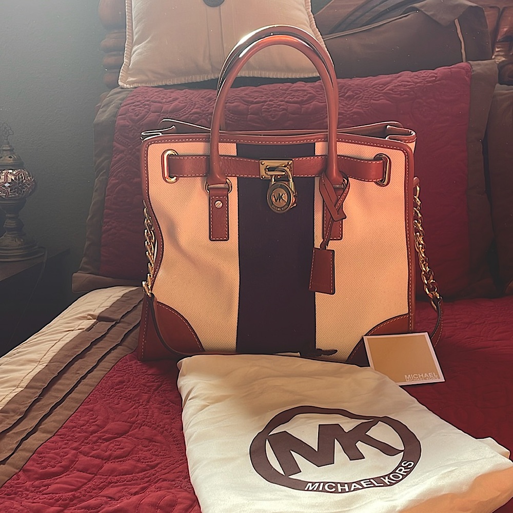 Michael Kors Striped Canvas & Leather Satchel Tote, excellent condition.